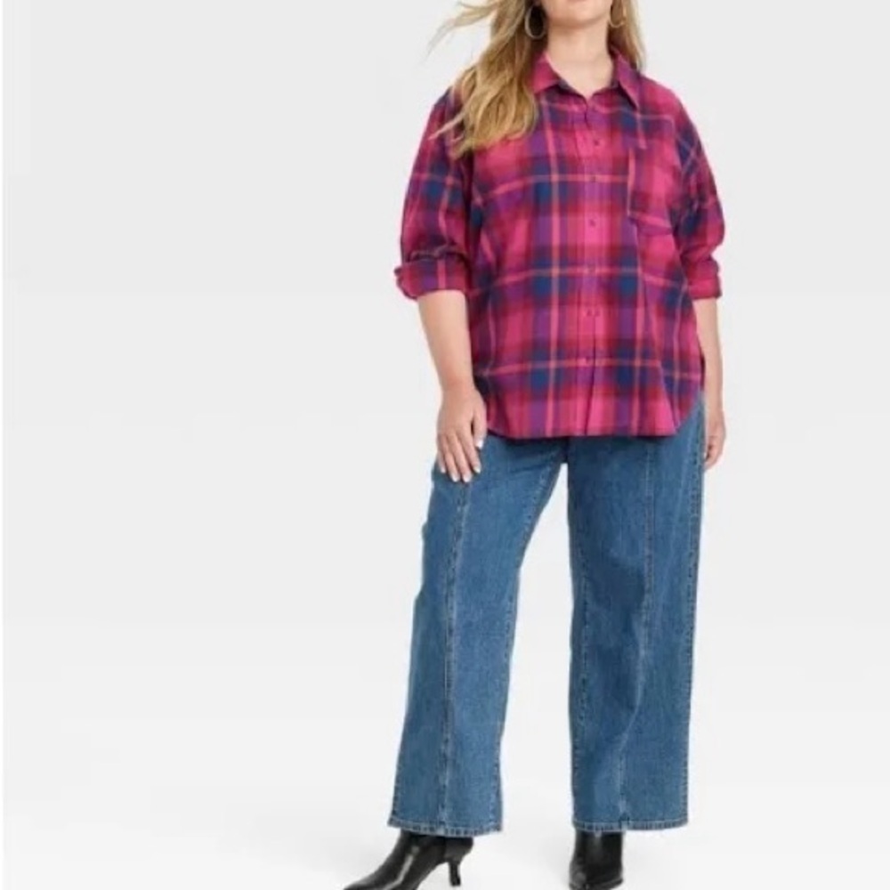 🎯50% OFF! Universal Thread pink and blue plaid flannel shirt oversized fit